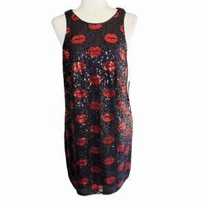 Aidan Mattox Lip Sequin Shift Dress Red Black Size 14 Coquette Feminine Sexy NWT